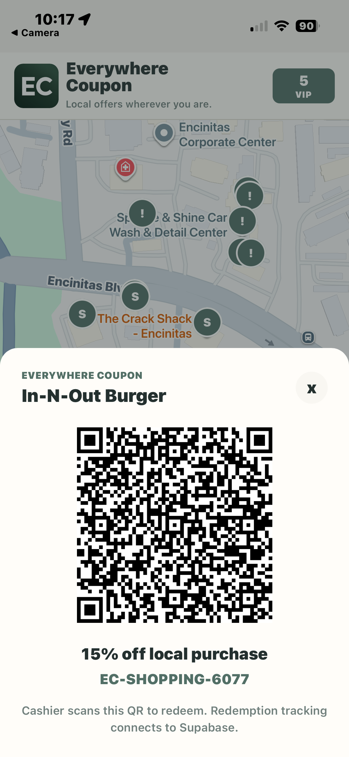 Everywhere Coupon QR code redemption screen