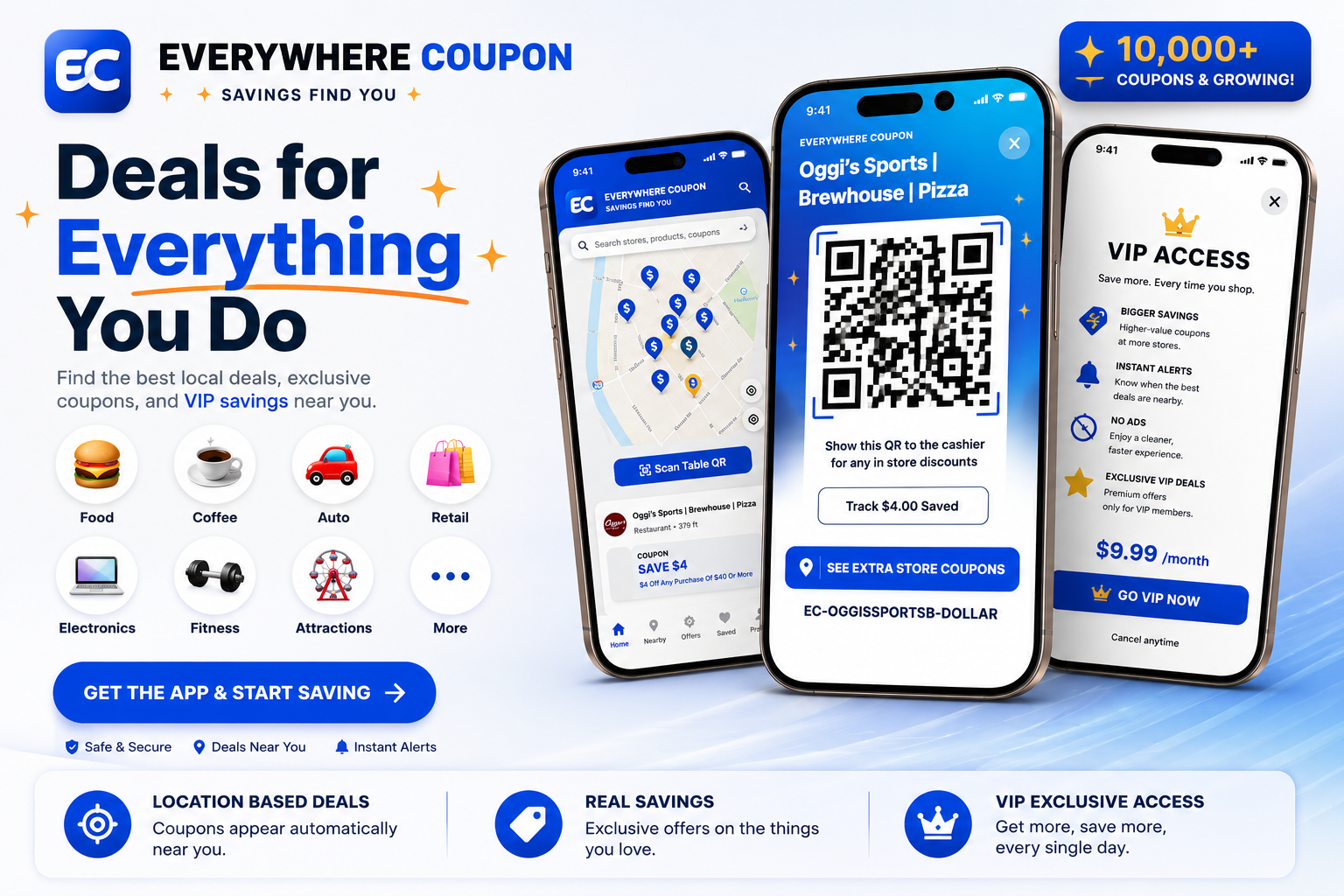 Everywhere Coupon map, nearby deal cards, QR coupons, and savings tracker